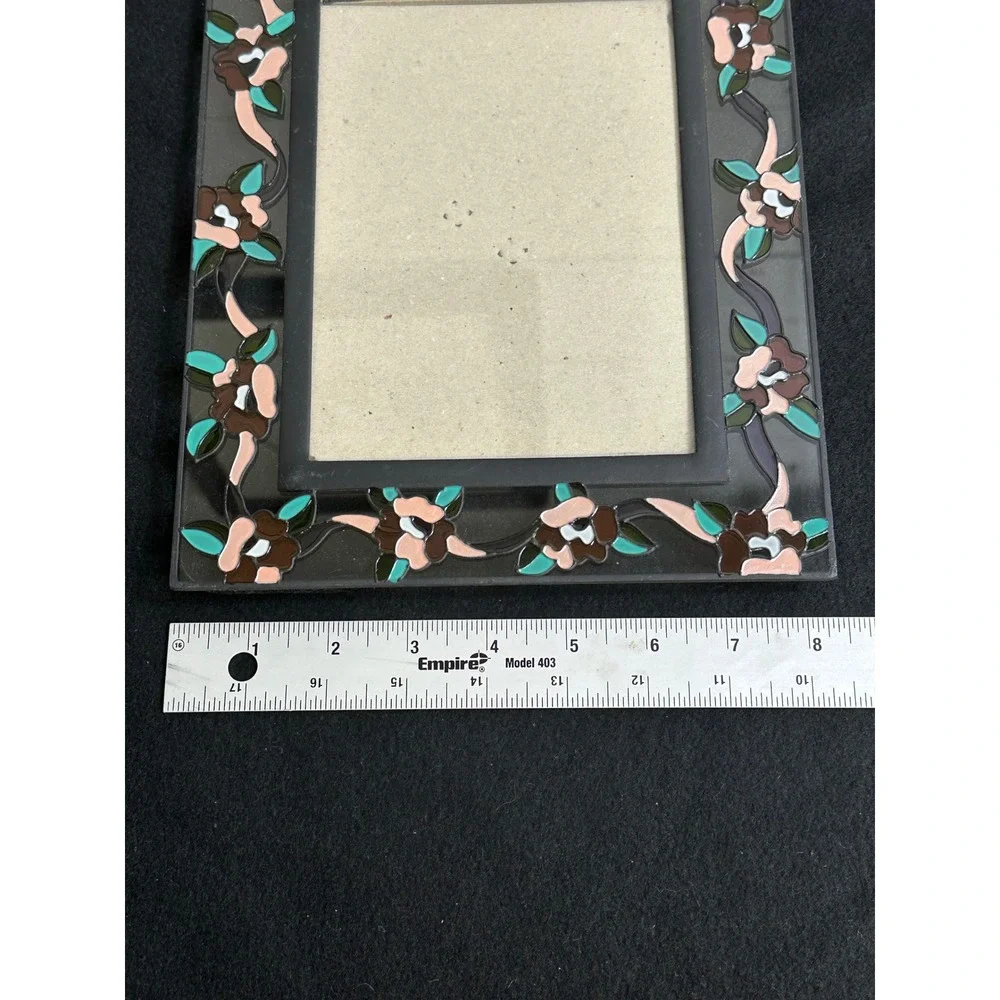 Hand painted Stained Glass Style Floral Picture Frame Pink Brown Flowers 5x7